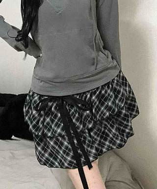 Drawstring Shirred Check Balloon Mini Skirt