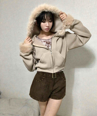Studded Belt Set Suede Shorts