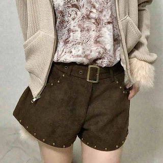 Studded Belt Set Suede Shorts