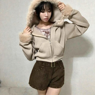 Studded Belt Set Suede Shorts