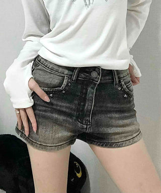 Distressed Vintage Washed Rolled-up Denim Shorts