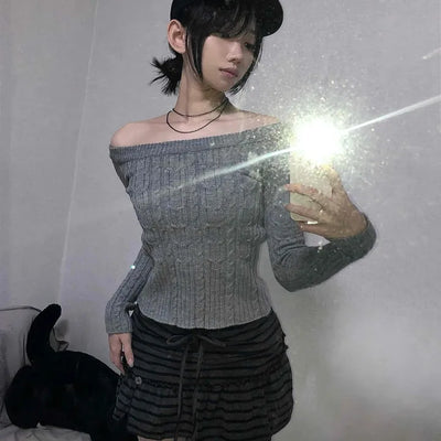 Cable Off-Shoulder Slim Fit Ribbed Knit