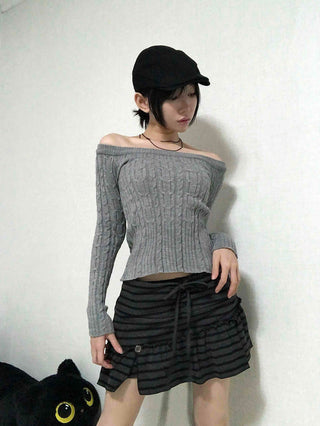 Cable Off-Shoulder Slim Fit Ribbed Knit