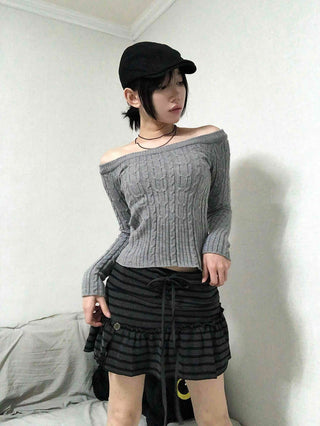 Cable Off-Shoulder Slim Fit Ribbed Knit