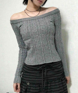 Cable Off-Shoulder Slim Fit Ribbed Knit