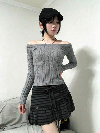 Cable Off-Shoulder Slim Fit Ribbed Knit