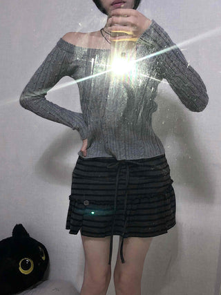 Cable Off-Shoulder Slim Fit Ribbed Knit