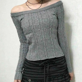 Cable Off-Shoulder Slim Fit Ribbed Knit