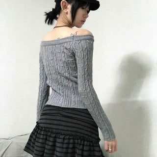 Cable Off-Shoulder Slim Fit Ribbed Knit