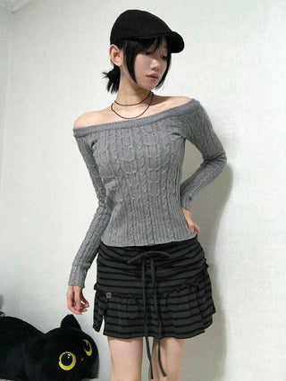 Cable Off-Shoulder Slim Fit Ribbed Knit
