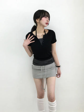 Keru Striped Layered Color Block Short Sleeve Tee
