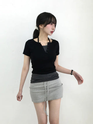 Keru Striped Layered Color Block Short Sleeve Tee