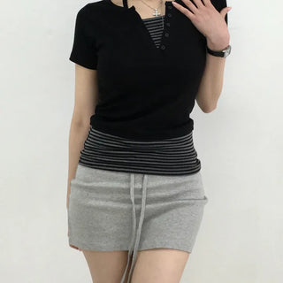 Keru Striped Layered Color Block Short Sleeve Tee