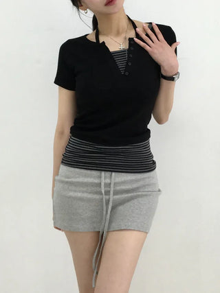 Keru Striped Layered Color Block Short Sleeve Tee