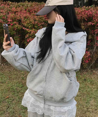 Antique Wappen Patch Layered Zip-Up Hoodie