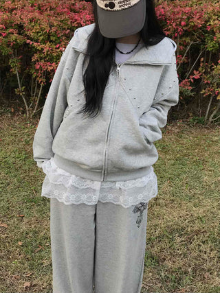 Antique Wappen Patch Layered Zip-Up Hoodie