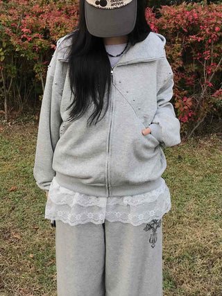 Antique Wappen Patch Layered Zip-Up Hoodie