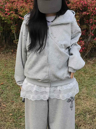 Antique Wappen Patch Layered Zip-Up Hoodie