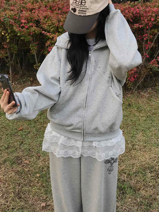 Antique Wappen Patch Layered Zip-Up Hoodie