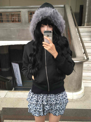 Volumi Fur Hood Padded Quilted Zip-Up Jumper