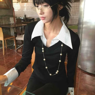 Big Collar Dot Color Block Slim Fit Long Sleeve T-shirt