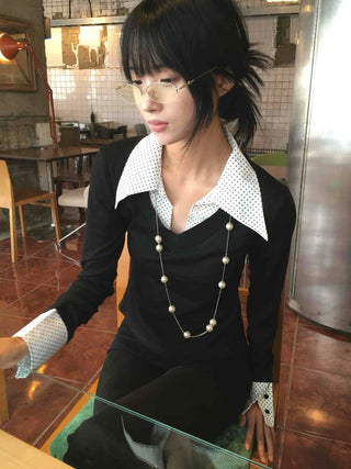 Big Collar Dot Color Block Slim Fit Long Sleeve T-shirt