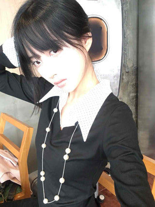 Big Collar Dot Color Block Slim Fit Long Sleeve T-shirt