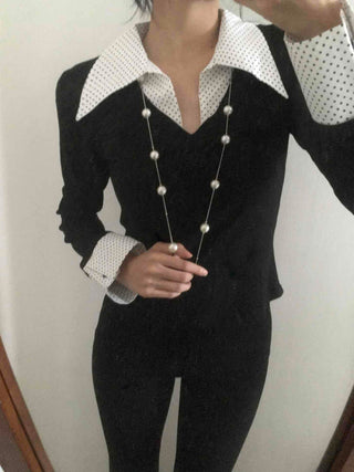Big Collar Dot Color Block Slim Fit Long Sleeve T-shirt