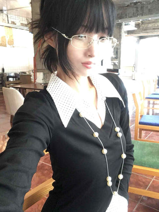 Big Collar Dot Color Block Slim Fit Long Sleeve T-shirt