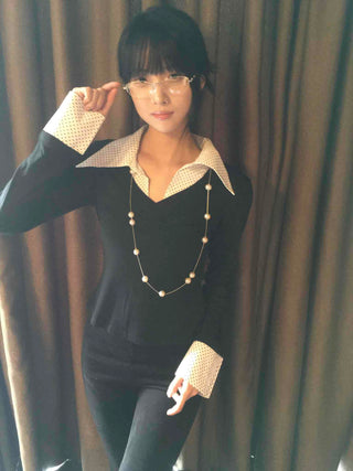 Big Collar Dot Color Block Slim Fit Long Sleeve T-shirt