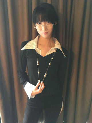 Big Collar Dot Color Block Slim Fit Long Sleeve T-shirt
