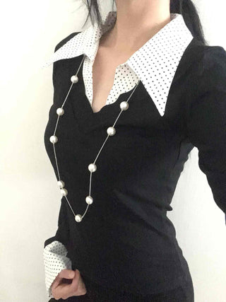Big Collar Dot Color Block Slim Fit Long Sleeve T-shirt