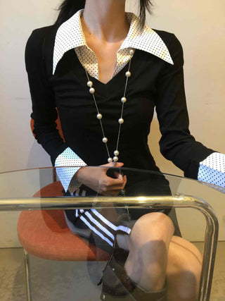 Big Collar Dot Color Block Slim Fit Long Sleeve T-shirt