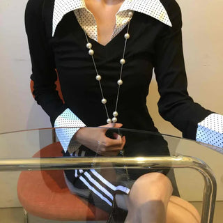 Big Collar Dot Color Block Slim Fit Long Sleeve T-shirt