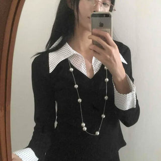Big Collar Dot Color Block Slim Fit Long Sleeve T-shirt