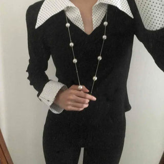 Big Collar Dot Color Block Slim Fit Long Sleeve T-shirt