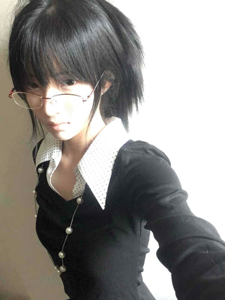 Big Collar Dot Color Block Slim Fit Long Sleeve T-shirt