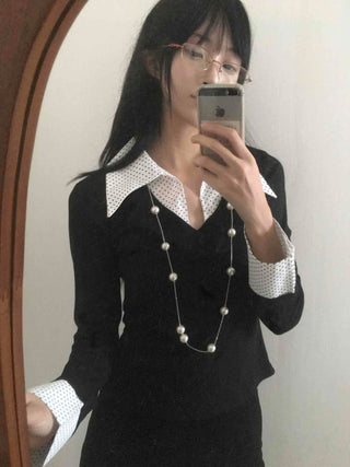 Big Collar Dot Color Block Slim Fit Long Sleeve T-shirt