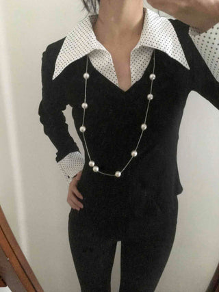 Big Collar Dot Color Block Slim Fit Long Sleeve T-shirt