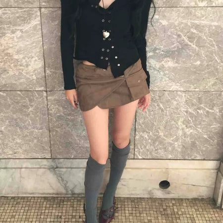 Pocket Detail Low-Rise Suede Slim Mini Skirt