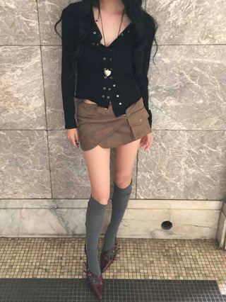 Pocket Detail Low-Rise Suede Slim Mini Skirt