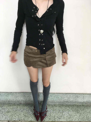 Pocket Detail Low-Rise Suede Slim Mini Skirt