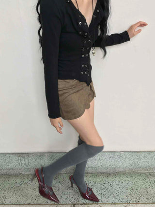 Pocket Detail Low-Rise Suede Slim Mini Skirt