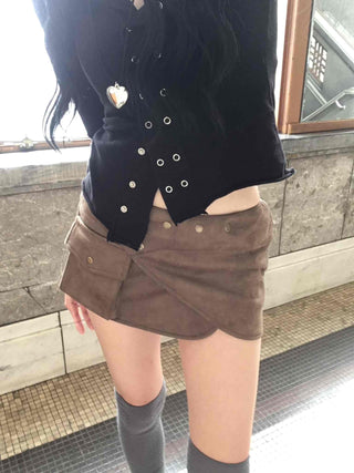 Pocket Detail Low-Rise Suede Slim Mini Skirt