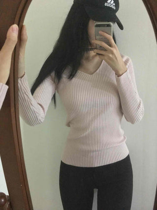 Ribbed Deep V-Neck Slim Fit Knit