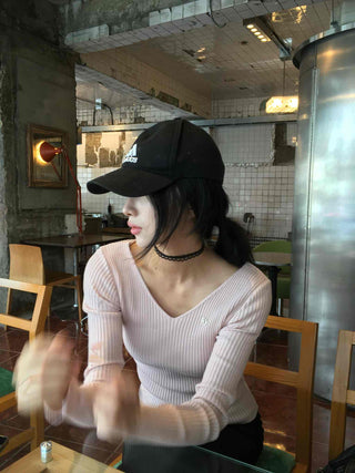 Ribbed Deep V-Neck Slim Fit Knit