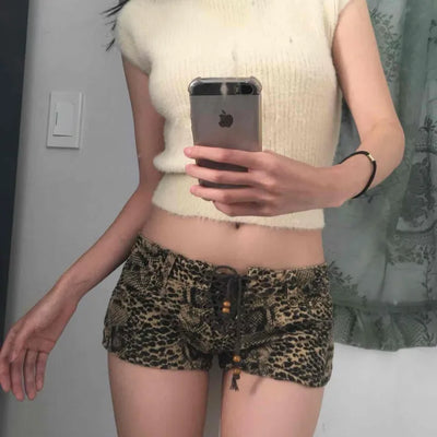 Animal pattern drawstring ultra-mini shorts