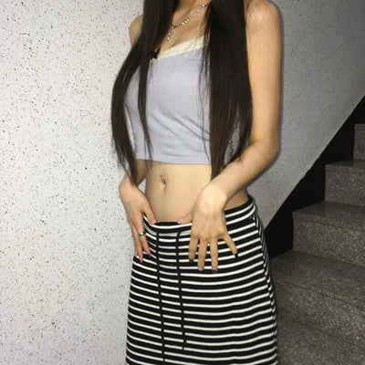 Casual Street Drawstring Bold Stripe Maxi Skirt