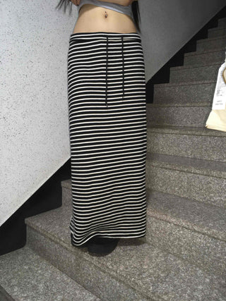 Casual Street Drawstring Bold Stripe Maxi Skirt