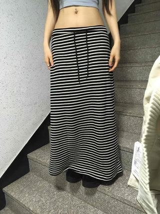 Casual Street Drawstring Bold Stripe Maxi Skirt